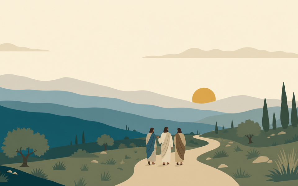 The Resurrected Savior walking in warm fellowship with disciples along the road to Emmaus
