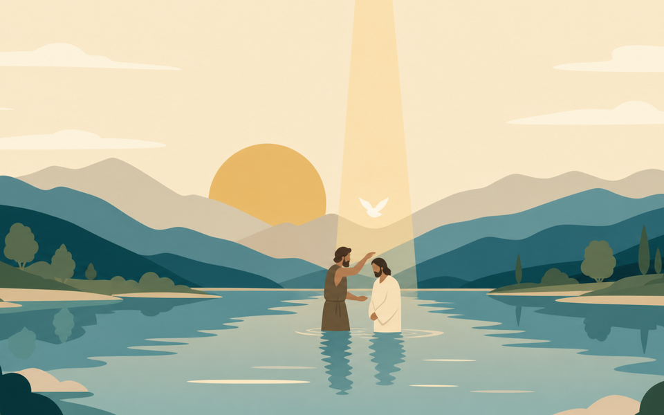 The Baptism of Jesus Christ in the Jordan River with the heavenly dove in gentle morning light