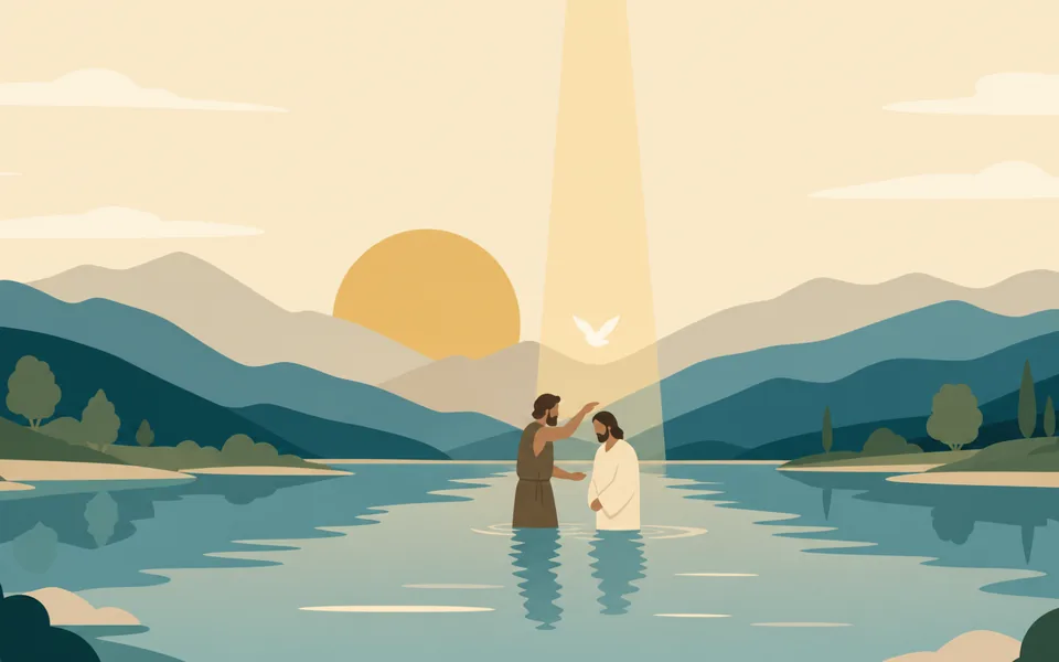 The Baptism of Jesus Christ in the Jordan River with the heavenly dove in gentle morning light