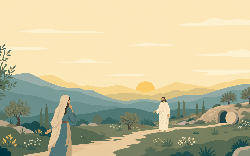 Mary Magdalene meeting the risen Lord outside the garden tomb at dawn, finding peace and healing