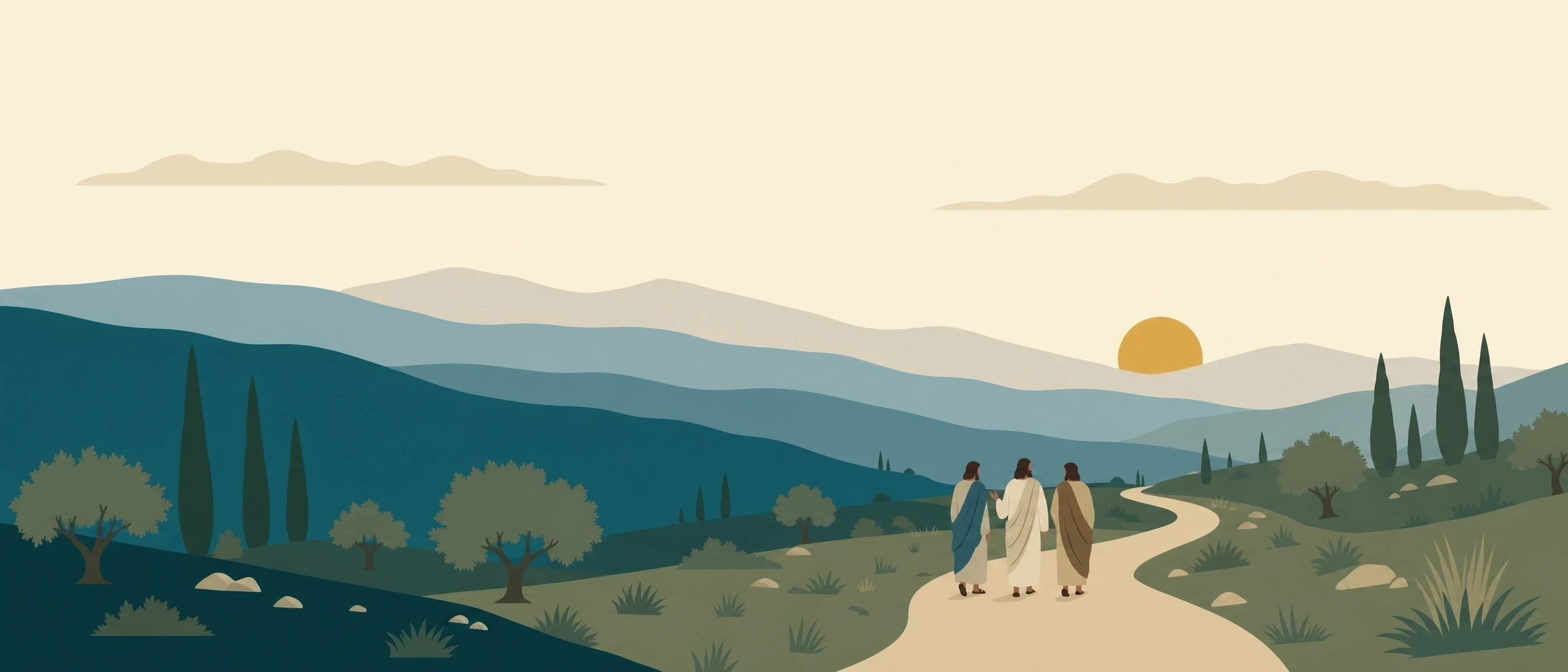 The Resurrected Christ walking with disciples on the road to Emmaus — Hear Him sacred banner